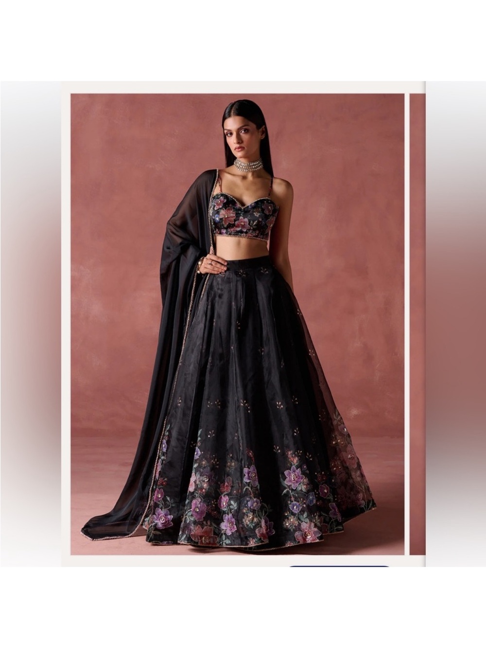 Lashkaraa NWOT Black Organza Floral Lehenga